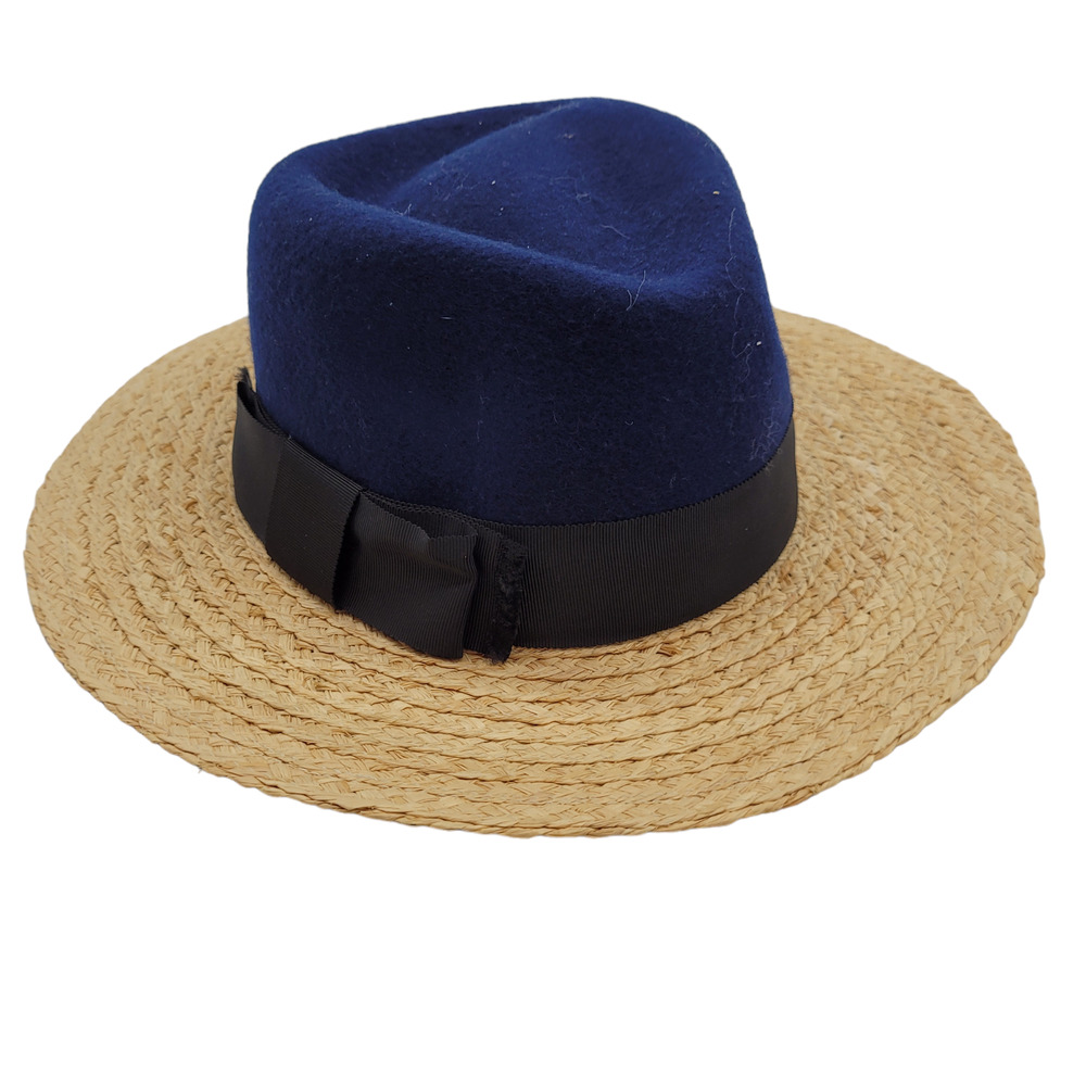 Kate Spade New York Womens Fedora Hats Crown 100% Wool Straw Brim Blue